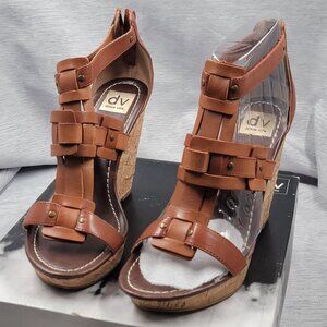 Dolce Vita Cognac Leather Cork Style Wedge Sandal